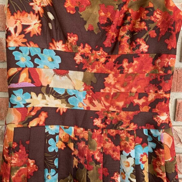Kay Unger Women's Floral Brown Silk Wool Blend 2 Pleated Midi A-Line Dress GUC - Picture 7 of 16